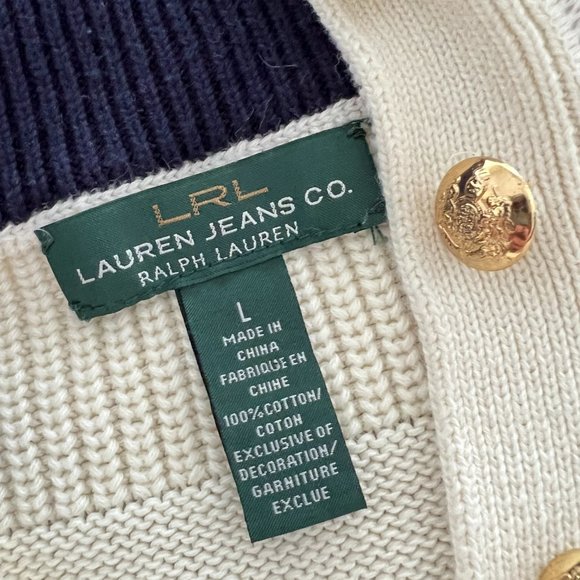 Ralph Lauren Lauren Jeans Co Cream & Navy Military Patch Pullover Sweater Large - Picture 8 of 11